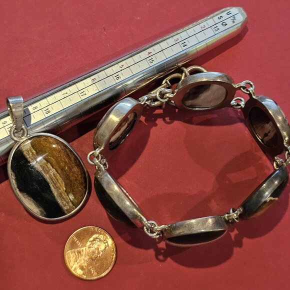 Petrified Palm Wood/Sterling Silver Bracelet and Pendant - Picture 6 of 15
